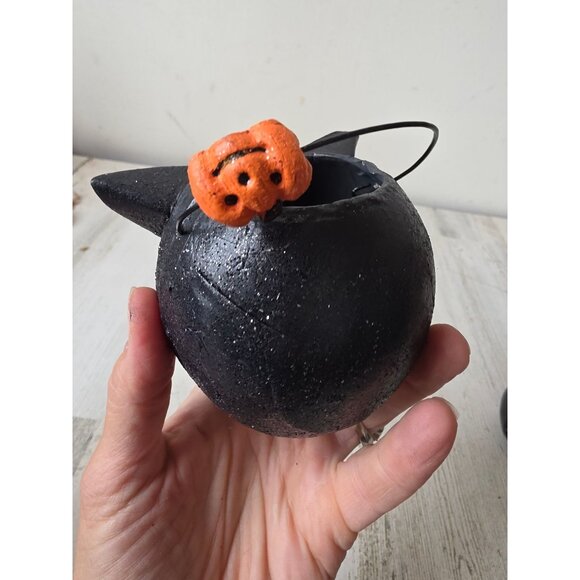 Vintage paper mache cat basket Halloween decor shabby chic glitter - Picture 5 of 9